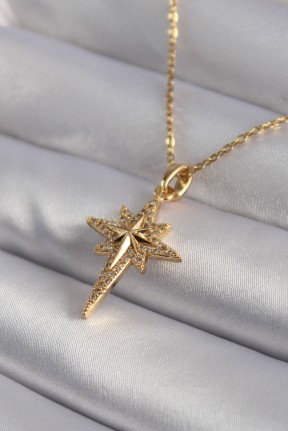 316l çelik Gold Renk Zirkon Taşlı Kutup Yıldızı Model Kadın Kolye