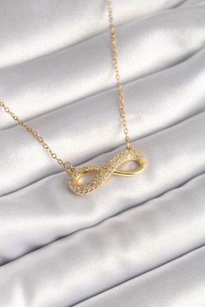 316l çelik Gold Renk Zincir Zirkon Taşlı Sonsuzluk Model Kadın Kolye