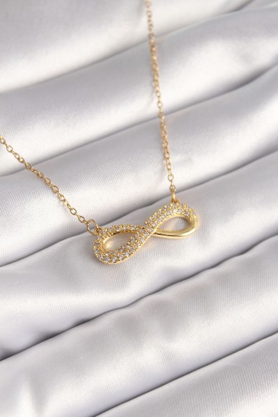316l çelik Gold Renk Zincir Zirkon Taşlı Sonsuzluk Model Kadın Kolye