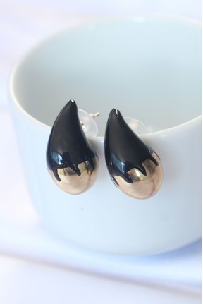 Minimal Siyah Mineli çift Renk Damla Küpe