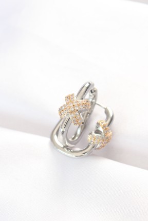 Pirinç çift Renk Taşlı X Tasarımlı Dikdörtgen Küpe