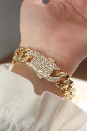 Vip Seri Pirinç Ortası Zirkon Taşlı Gold Renk Gurmet Bileklik Vip Seri Pirinç Ortası Zirkon Taşlı Gold Renk Gurmet Bileklik