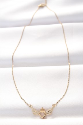 316l çelik Gold Renk Zirkon Taşlı Kalpli Kanat Kolye