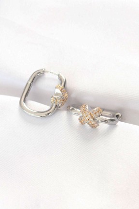 Pirinç çift Renk Taşlı X Tasarımlı Dikdörtgen Küpe