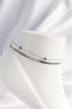 316l çelik Gümüş Renk Nazar Boncuk Tasarımlı 2li Halhal 316l çelik Gümüş Renk Nazar Boncuk Tasarımlı 2li Halhal