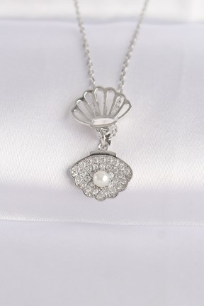 316l çelik Zincir Gümüş Renk Zirkon Taşlı İnci Detay İstiridye Kolye