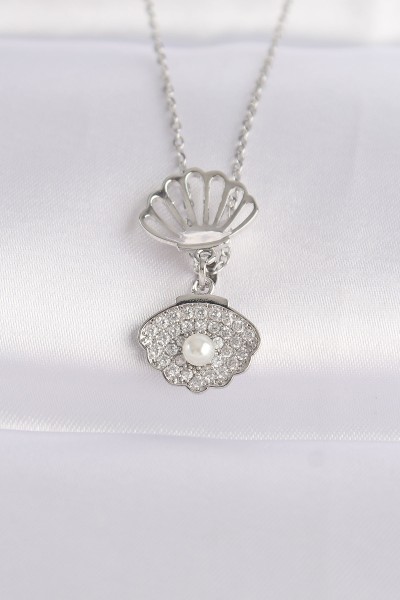 316l çelik Zincir Gümüş Renk Zirkon Taşlı İnci Detay İstiridye Kolye