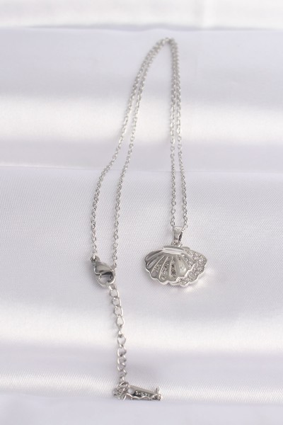 316l çelik Zincir Gümüş Renk Zirkon Taşlı İnci Detay İstiridye Kolye