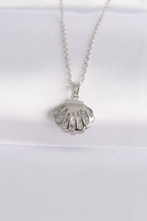 316l çelik Zincir Gümüş Renk Zirkon Taşlı İnci Detay İstiridye Kolye