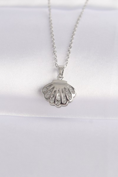 316l çelik Zincir Gümüş Renk Zirkon Taşlı İnci Detay İstiridye Kolye