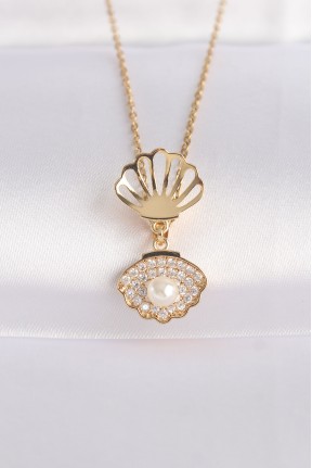 316l çelik Zincir Altın Renk Zirkon Taşlı İnci Detay İstiridye Kolye