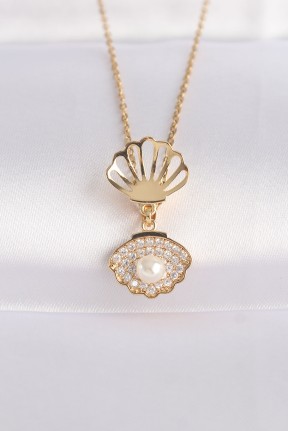 316l çelik Zincir Altın Renk Zirkon Taşlı İnci Detay İstiridye Kolye