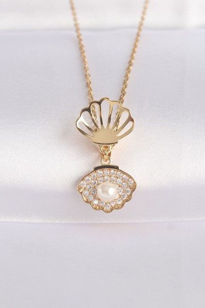 316l çelik Zincir Altın Renk Zirkon Taşlı İnci Detay İstiridye Kolye