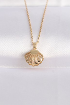 316l çelik Zincir Altın Renk Zirkon Taşlı İnci Detay İstiridye Kolye