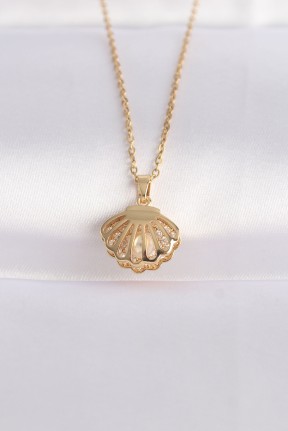 316l çelik Zincir Altın Renk Zirkon Taşlı İnci Detay İstiridye Kolye