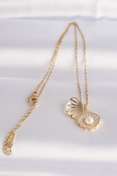 316l çelik Zincir Altın Renk Zirkon Taşlı İnci Detay İstiridye Kolye