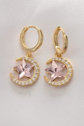 Pirinç Gold Renk Pembe Zirkon Taşlı Yıldız Detay Ay Küpe Pirinç Gold Renk Pembe Zirkon Taşlı Yıldız Detay Ay Küpe