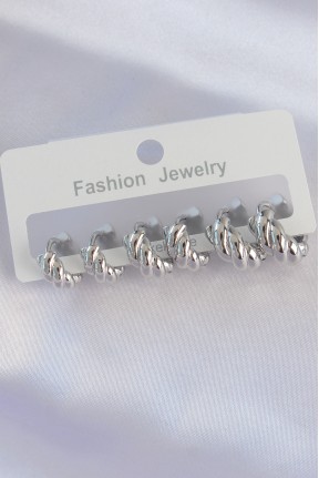 Pirinç Gümüş Renk Minimal Tırtıklı Küpe Seti Pirinç Gümüş Renk Minimal Tırtıklı Küpe Seti