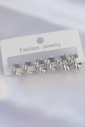 Pirinç Gümüş Renk Minimal Tırtıklı Küpe Seti Pirinç Gümüş Renk Minimal Tırtıklı Küpe Seti