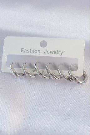 Pirinç Gümüş Renk Oval Küpe Seti Pirinç Gümüş Renk Oval Küpe Seti