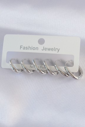 Pirinç Gümüş Renk Oval Küpe Seti Pirinç Gümüş Renk Oval Küpe Seti