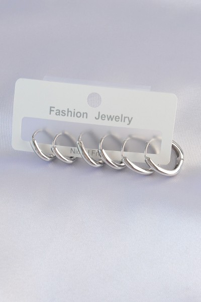 Pirinç Gümüş Renk Oval Küpe Seti Pirinç Gümüş Renk Oval Küpe Seti