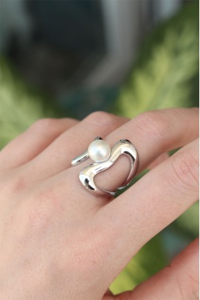 Pirinç Gümüş Renk Ayarlanabilir İnci Taşlı Yüzük