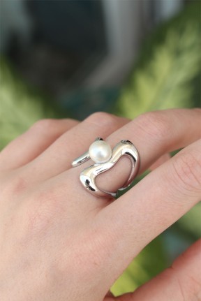 Pirinç Gümüş Renk Ayarlanabilir İnci Taşlı Yüzük