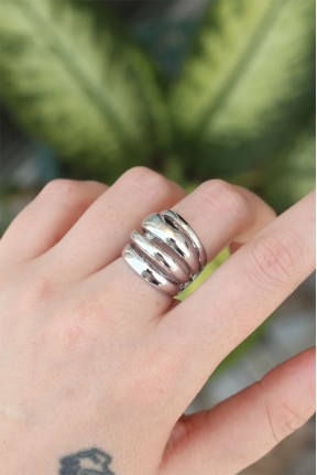 Pirinç Gümüş Renk Ayarlanabilir Tırtıklı Bombe Yüzük