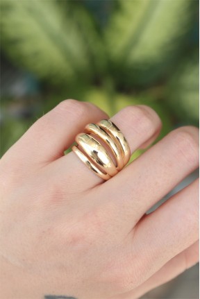 Pirinç Gold Renk Ayarlanabilir Tırtıklı Bombe Yüzük Pirinç Gold Renk Ayarlanabilir Tırtıklı Bombe Yüzük