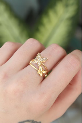 Pirinç Gold Renk Ayarlanabilir Zirkon Taşlı Kelebek Yüzük Pirinç Gold Renk Ayarlanabilir Zirkon Taşlı Kelebek Yüzük
