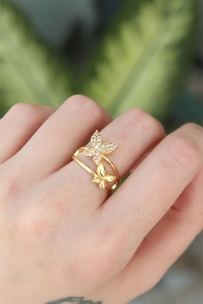 Pirinç Gold Renk Ayarlanabilir Zirkon Taşlı Kelebek Yüzük Pirinç Gold Renk Ayarlanabilir Zirkon Taşlı Kelebek Yüzük