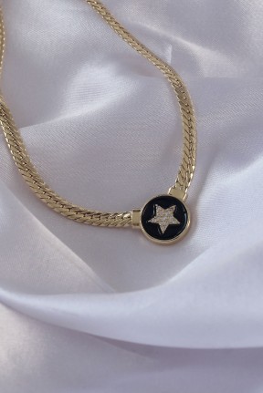 Pirinç Gold Renk Zirkon Taşlı Yıldız Model Siyah Mineli Ezme Zincirli Serenay Kolyesi Pirinç Gold Renk Zirkon Taşlı Yıldız Model Siyah Mineli Ezme Zincirli Serenay Kolyesi
