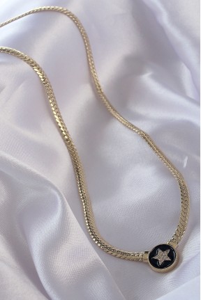 Pirinç Gold Renk Zirkon Taşlı Yıldız Model Siyah Mineli Ezme Zincirli Serenay Kolyesi Pirinç Gold Renk Zirkon Taşlı Yıldız Model Siyah Mineli Ezme Zincirli Serenay Kolyesi