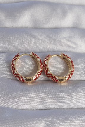Pirinç Gold Renk Kırmızı Etnik Desenli Halka Küpe Pirinç Gold Renk Kırmızı Etnik Desenli Halka Küpe