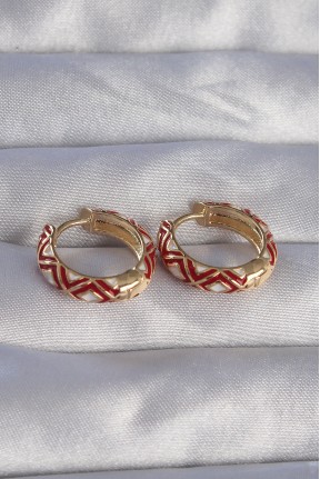 Pirinç Gold Renk Kırmızı Etnik Desenli Halka Küpe Pirinç Gold Renk Kırmızı Etnik Desenli Halka Küpe