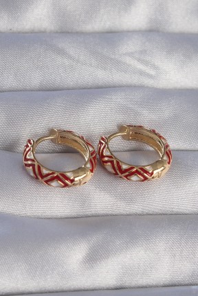 Pirinç Gold Renk Kırmızı Etnik Desenli Halka Küpe Pirinç Gold Renk Kırmızı Etnik Desenli Halka Küpe