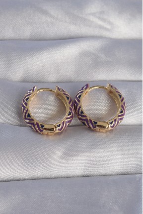 Pirinç Gold Renk Mor Etnik Desenli Halka Küpe Pirinç Gold Renk Mor Etnik Desenli Halka Küpe