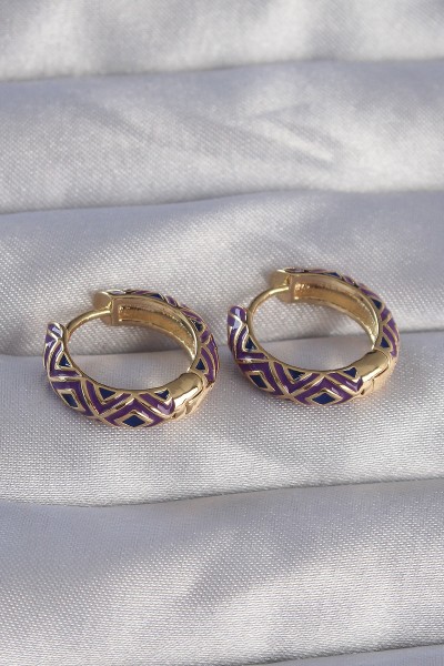 Pirinç Gold Renk Mor Etnik Desenli Halka Küpe Pirinç Gold Renk Mor Etnik Desenli Halka Küpe