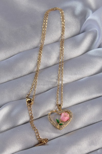 316l çelik Zincirli Gold Renk Zirkon Taşlı Kalp İçinde Pembe Gül Tasarımlı Kolye 316l çelik Zincirli Gold Renk Zirkon Taşlı Kalp İçinde Pembe Gül Tasarımlı Kolye
