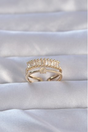 Pirinç Gold Renk Zirkon Taşlı Baget Su Yolu Model Ayarlanabilir Yüzük