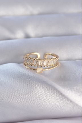 Pirinç Gold Renk Zirkon Taşlı Baget Su Yolu Model Ayarlanabilir Yüzük