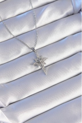 316l çelik Gümüş Renk Zirkon Taşlı Kutup Yıldızı Model Kolye