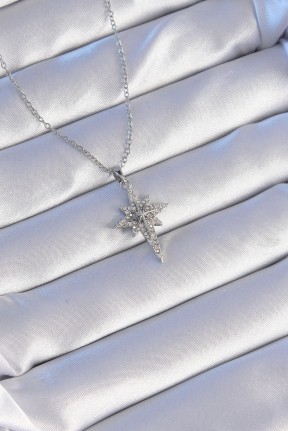 316l çelik Gümüş Renk Zirkon Taşlı Kutup Yıldızı Model Kolye