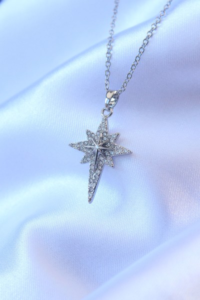 316l çelik Gümüş Renk Zirkon Taşlı Kutup Yıldızı Model Kolye