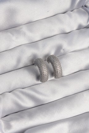 Pirinç Gümüş Renk Zirkon Taşlı Yarım Halka Küpe Pirinç Gümüş Renk Zirkon Taşlı Yarım Halka Küpe