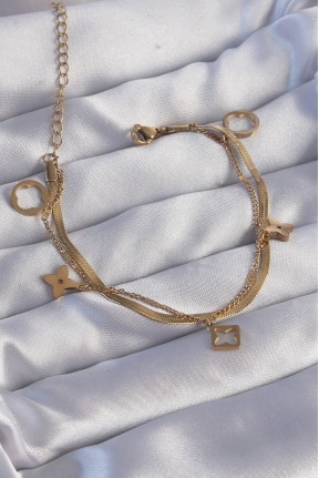 316l çelik Gold Renk çift Zincir Yonca Tasarım Bileklik 316l çelik Gold Renk çift Zincir Yonca Tasarım Bileklik