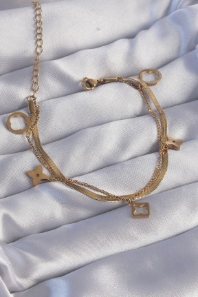 316l çelik Gold Renk çift Zincir Yonca Tasarım Bileklik 316l çelik Gold Renk çift Zincir Yonca Tasarım Bileklik