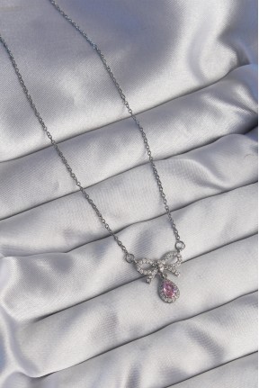 316l çelik Gümüş Renk Fiyonk Detay Pembe Zirkon Taşlı Damla Kolye