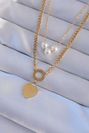 316l çelik Gold Renk çift Zincir İnci Detayı Love Kalp Kolye 316l çelik Gold Renk çift Zincir İnci Detayı Love Kalp Kolye